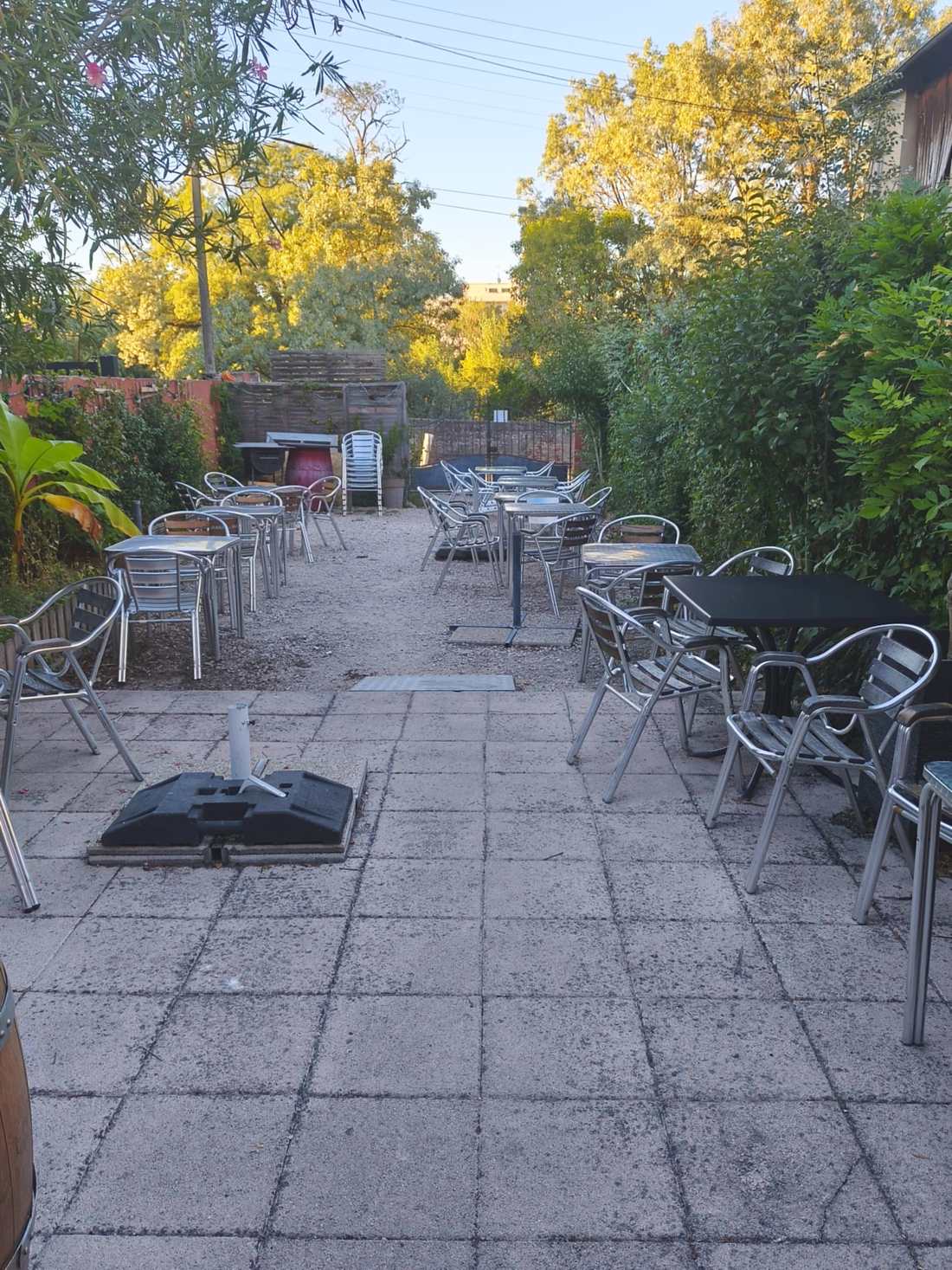 L'allée du patio du Rendez-vous, bordée de haies et d'arbres